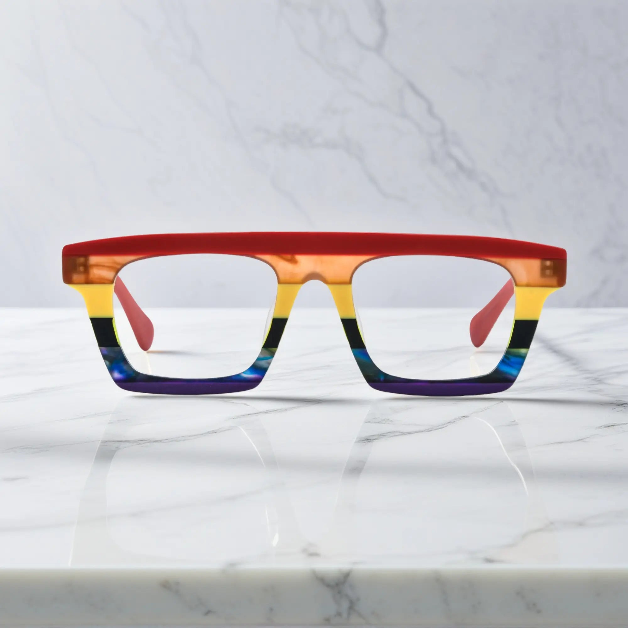 Front-facing view showcasing the bold square frame design of VoyueLens Acetate Square Eyeglasses in Crimson Twilight